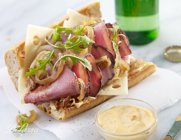 Pastrami, Beer Onions and Swiss Baguettes