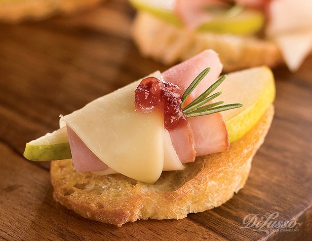 Pear, Ham and Provolone Crostini